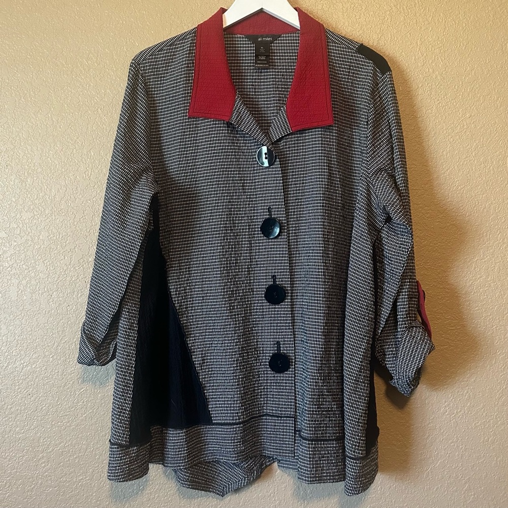 Ali Miles Blouse Women's XL Top Black White Red Button Up Shirt Tab Sleeves